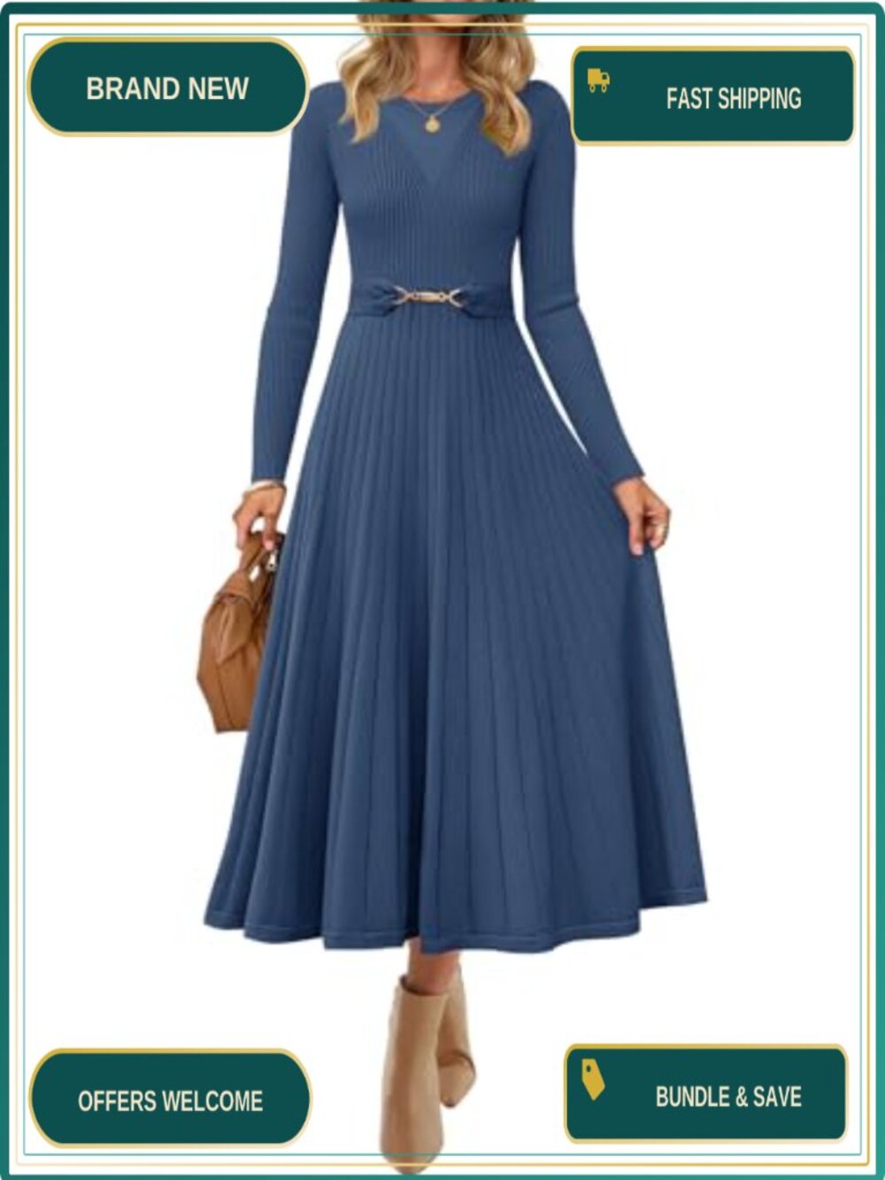 Womens Fall Long Sleeve Pleated Midi Sweater Dress Knit with Removable Belt